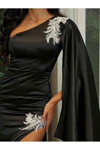 NO BRAND Rochie de seară neagră maxi asimetrică cu broderie și paiete Miss Ord L