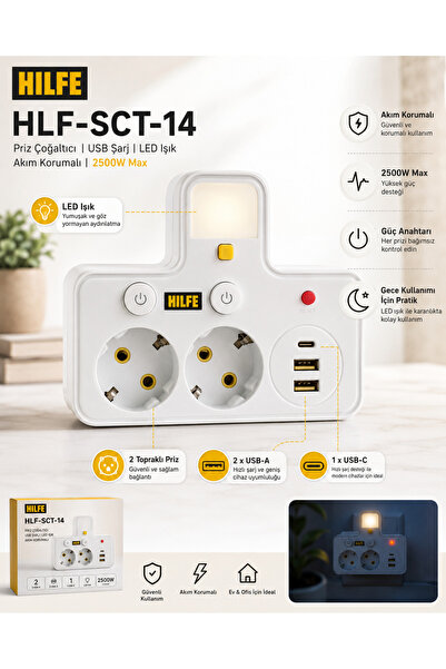 HILFE Akım Korumalı LED Işıklı USB-C ve 2 USB-A Priz Çoklayıcı 2500W Beyaz Kuğu