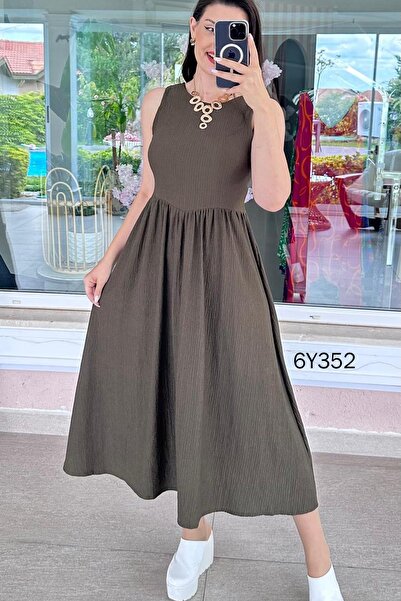 İnce Topuk Zero Sleeve Wrinkled Fabric Dress 6Y352