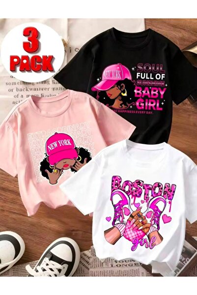 MORNİNG KİDS Girl's 3-Pack Baby Girl Boston New York Printed Crew Neck T-Shir...