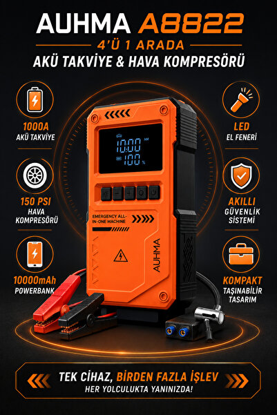 Merwish Akü Takviye Cihazı 1000A Peak Akım 4'ü 1 Arada 150 PSI Hava Kompresörü 10000mAh Powerbank LED El Feneri
