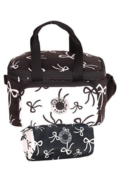 KAUKKO Girl's Black - White Bow Printed Lunchbox and Pen Holder Set - Setkk-K...