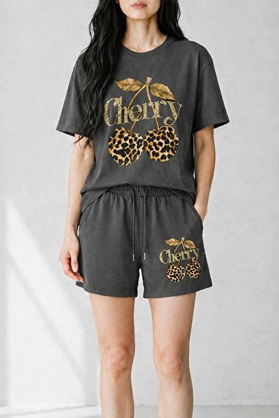 LAND MODA Women's Cherry Printed Oversize T-Shirt Shorts Set 100% Cotton Casu...