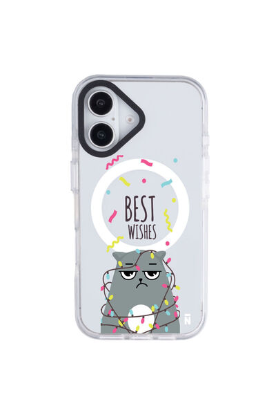Casen iPhone 16 Yanları Beyaz Magsafe Arty Şeffaf Best Wishes Kedi Tasarımlı ...
