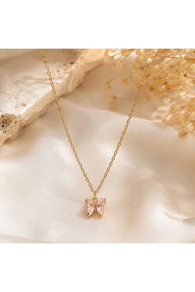 BNG AKSESUAR Steel Gold Pink Butterfly Detailed Chain Women's Necklace