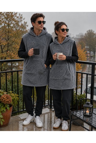 YHD Four Seasons Sleeveless Fleece Plush Poncho Gray Model