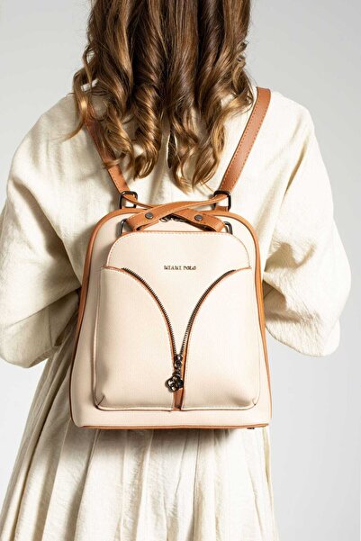 Miami Polo Club 1206 Juniper Leather Cream Tan Backpack and Shoulder Bag