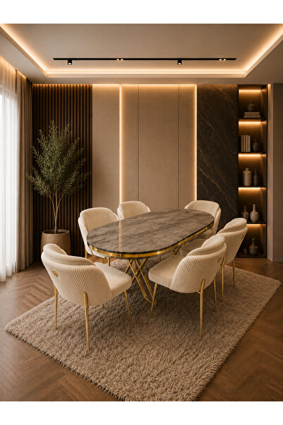 Concept Ayz Home Lara Gold Serisi Krem-Krem Kumaş 6 Kişilik 90×168 Oval İrony...