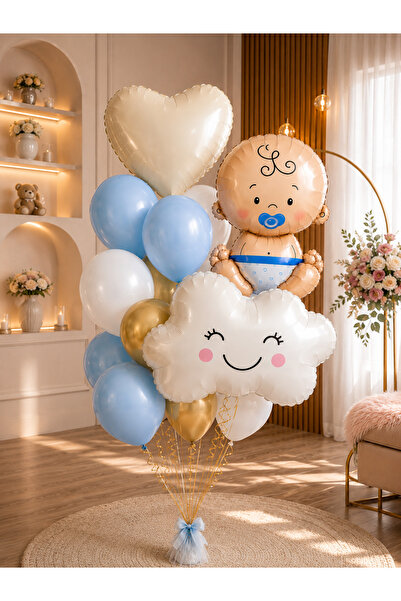 HAPPYLOOPPARTY Baby Boy Foil Balloon Set with Cloud and Heart Foil Balloons B...