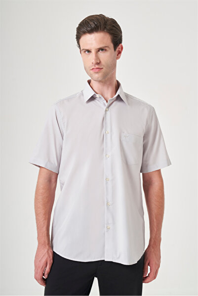 İmza Stone Color Hard Collar Short Sleeve Pocket Comfort Fit Cotton Shirt 100...