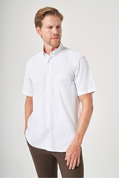 İmza White-Beige Buttoned Collar Short Sleeve Pocketed Comfort Fit Cotton Shi...