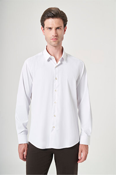 İmza White Rigid Collar Long Sleeve Pocketless Slim Fit Flexible Water Repell...