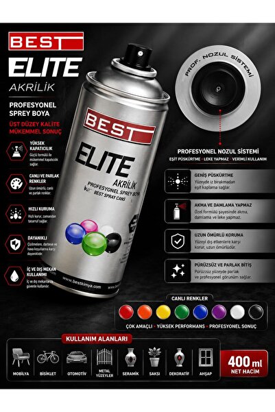 Best Elite Derin Siyah 9005 Akrilik Hızlı Kuruyan Profesyonel Sprey Boya 400 Ml