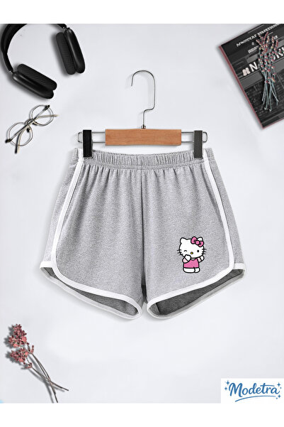 Modetra Women's Summer Slim Fit Gray and Black Kitty Printed Single Elastic R...