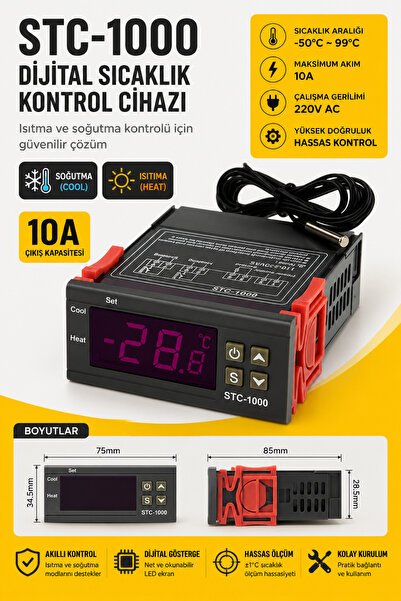RoboPazar STC-1000 Dijital Termostat 220V – Harici NTC Sensörlü Sıcaklık Kont...