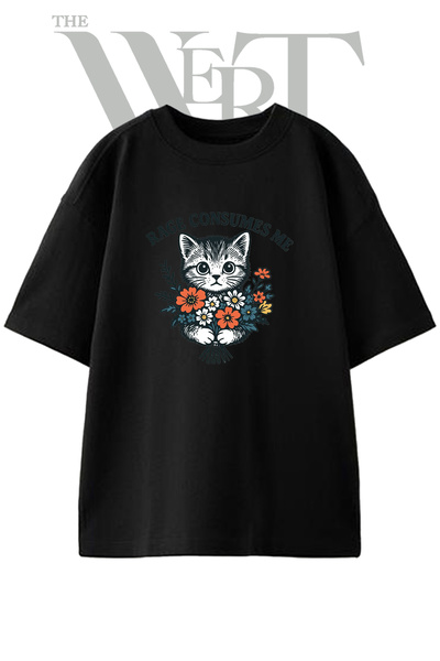 THEWERT Rage Cat Design Printed Unisex Black Oversize T-Shirt