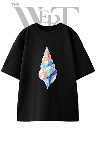 THEWERT Conch Shell Design Printed Unisex Black Oversize T-Shirt