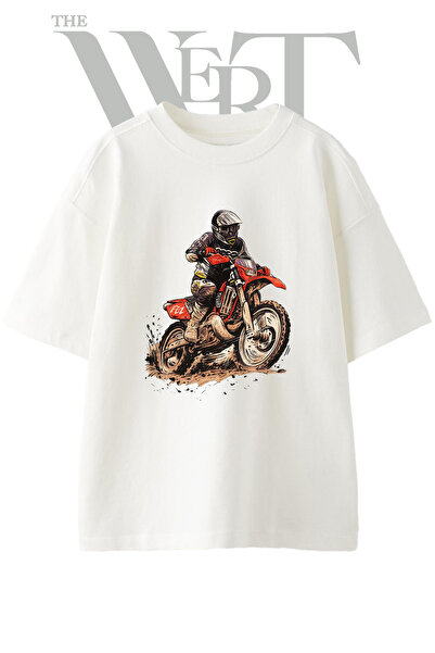 THEWERT Motocross Rider Design Printed Unisex White Oversize T-Shirt