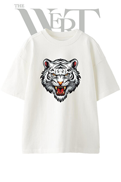 THEWERT Λευκό μπλουζάκι Oversize Unisex με στάμπα White Tiger Design