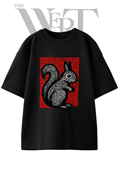 THEWERT Μπλουζάκι Unisex Μαύρο Oversize με σχέδιο Σκίουρου από λινοτυπία