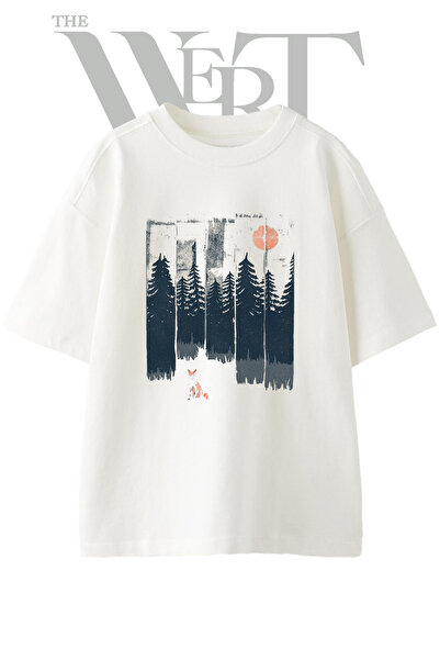 THEWERT Fox Forest Design Printed Unisex White Oversize T-Shirt