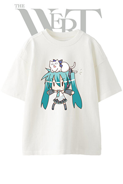 THEWERT Hatsune Miku_16 Μπλουζάκι Unisex με στάμπα σχεδίου, λευκό, oversized