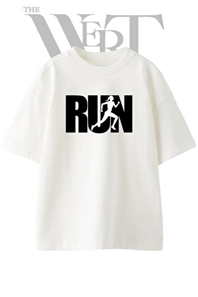THEWERT Running Woman Design Printed Unisex White Oversize T-Shirt