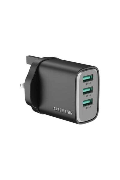 Green Lion Supra 24W GaN UK Wall Charger with 3 USB-A Ports - Black & Grey