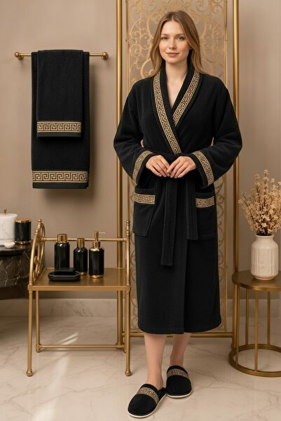 ozlıkaa Premium 100% Cotton Unisex Shawl Pocket Bathrobe Set 4 Piece Towel an...