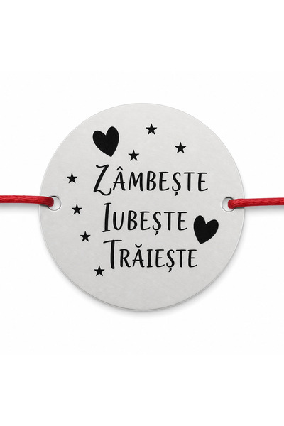 Simoshop Brățară șnur textil roșu cu pandantiv argint 925 „Zâmbește, Iubește,...
