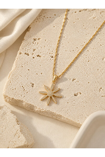 PELKAN ATELİER Zircon Stone Sunflower Pendant Twist Chain Steel Women's Neckl...