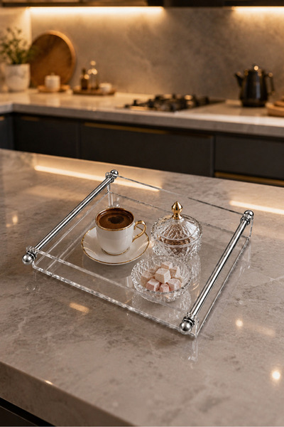 Leila Kristal Mika Sunum Tepsisi - Gümüş Metal Kulplu Şeffaf Organizer 25x21 cm