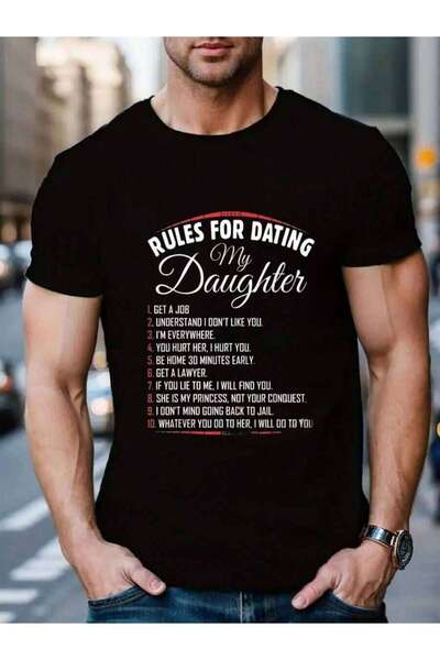 45 BPM 100% Cotton Rules Of My Daughter Funny Dating Men's Black Vacation Cre...