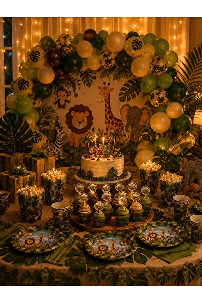 Bkmc Safari Temalı 8 Kişilik Doğum Günü Parti Seti | Masa Süsleme, Tabak Bardak Peçete Cupcake Seti