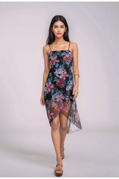 MAMAYAGA Women's Strappy Asymmetrical Skirt Floral Patterned Waist Fitted Sum...