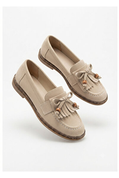 Zerenyus Boriy Premium Beige Leather Powder Suede Tasseled Ballerinas