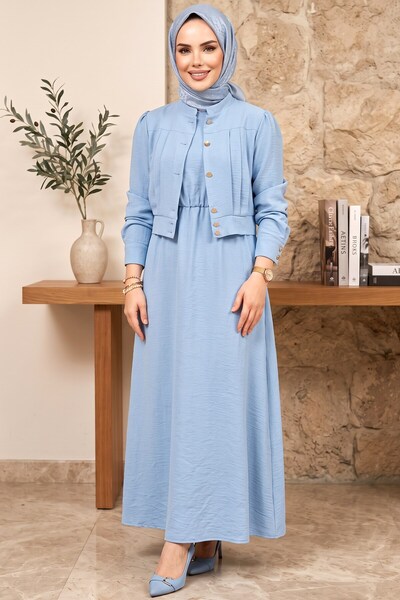 hadiora Women's Blue Jacketed Suit Modern Cut Hijab Dress