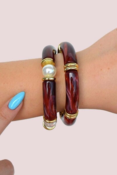 Sacce Scarves&Accessories طقم أساور من الراتنج بنمط رخامي بلون أحمر داكن، مكو...