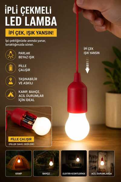 Kinlee İpli LED Lamba Pilli Askılı Taşınabilir Kamp Lambası Acil Durum Aydınl...