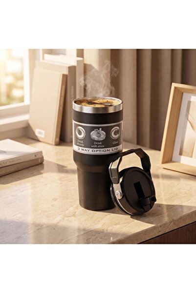 Taimi 600ML Stainless Steel Travel Mug with Handle, Straw, Leakproof Lid, Black