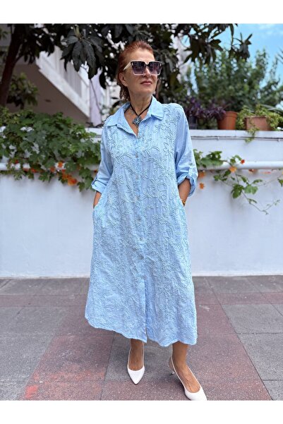 DenizEge Italian Embossed Embroidered Long Dress Baby Blue