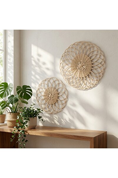 El Yapımı Rattan Duvar Süsü 2'li Set - Ikili Bohem Rattan Duvar Dekoru