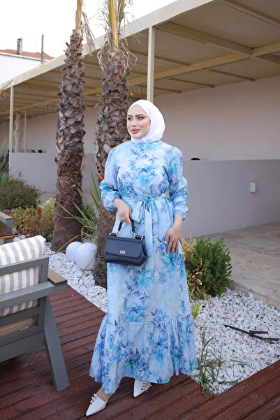 İmajButik Blue Skirted Patterned Viscose Dress
