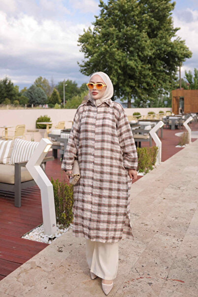 İmajButik Каки карирана дълга свободна туника