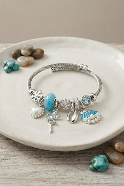 Mega Bazaar Blue Seashell Heart and Tinker Bell Charm Bracelet