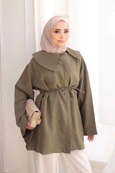 İmajButik Khaki Wide Sleeve Waist Tie Shirt