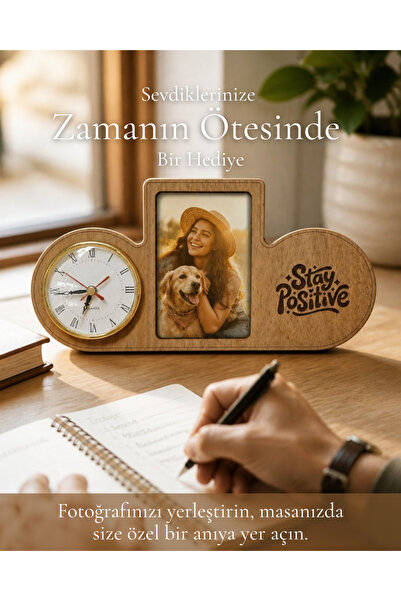 Grafiza Fotoğraflı Ahşap Masa Saati ve Çerçeve | Dekoratif Masaüstü Saat | Se...
