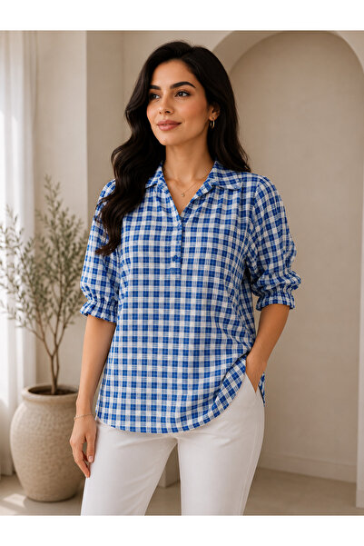 Verona Women's Blue Checkered Shirt Collar Long Sleeve Blouse