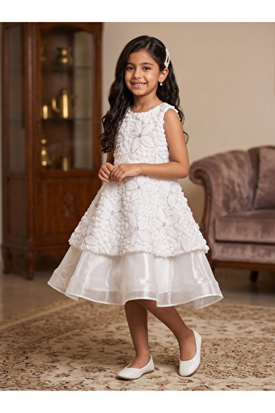 Generic Brand Luxury White 3D Flower Embroidery Organza Skirt Girl Dress