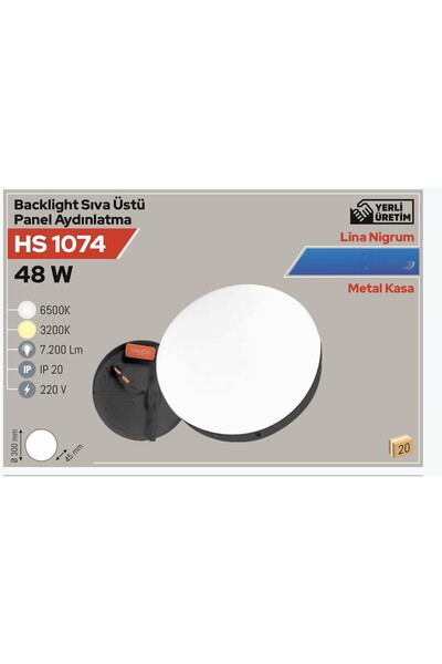 Helios HS1074 48W LED Panel Tavan Armatürü Beyaz Işık Yuvarlak Siyah Metal Kasa